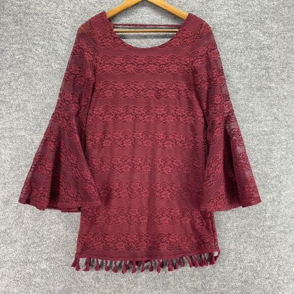 GB Blouse Women S Small Red Striped Crochet Lined 3/4 Sleeve Round Neck Casual - Picture 1 of 8